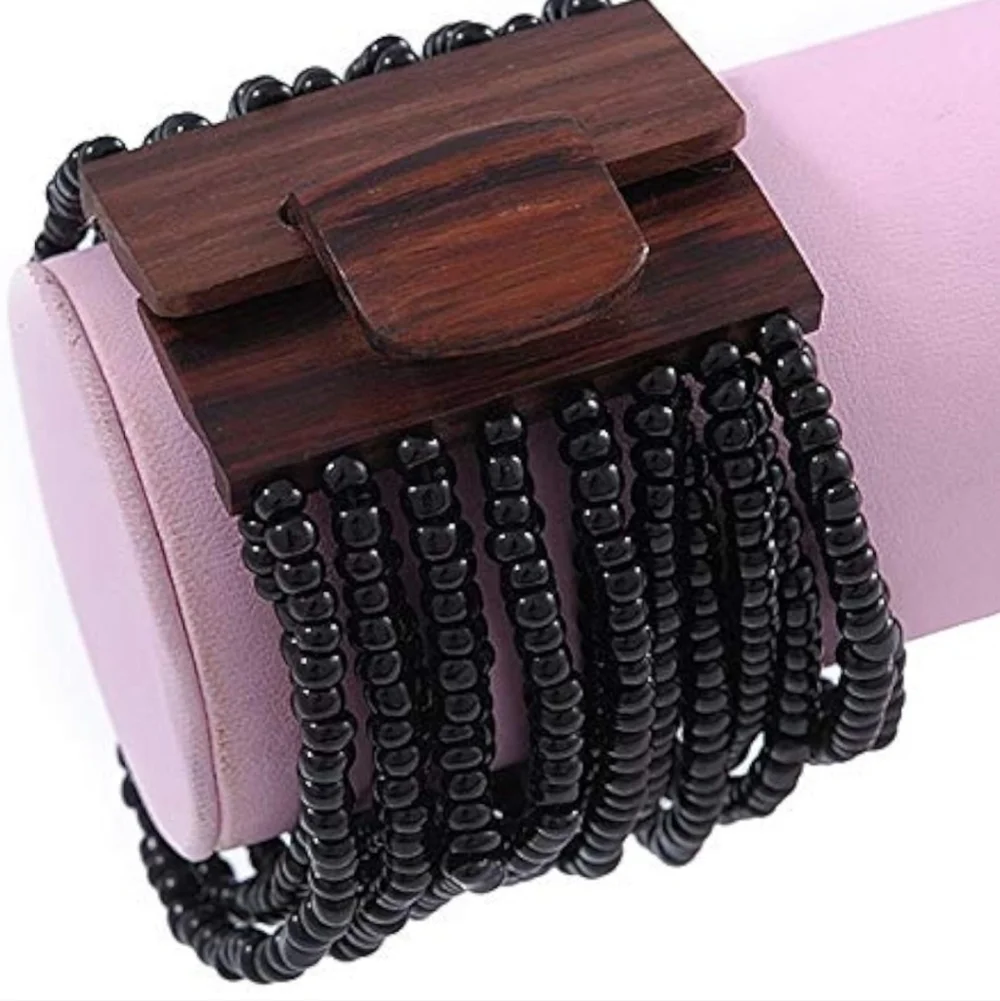 Black Glass Bead Multistrand Flex Bracelet With Wooden Closure
